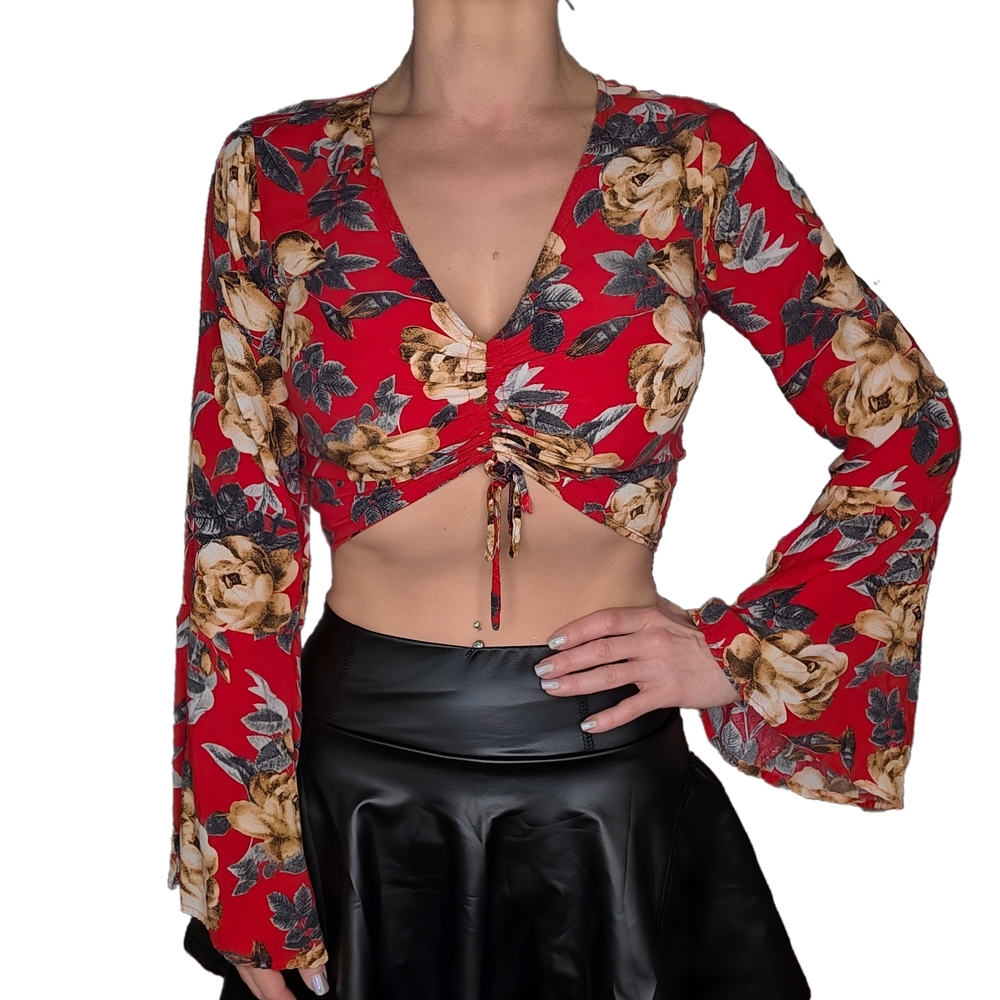 Boho red floral cropped top with bell sleeves and tie front Size Small